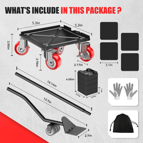 Heavy Duty Five Wheel Furniture Dollies Rocking 1500 Pound Capacity Industrial Carbon Steel Base with accessories and dimensions.