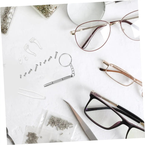 Eyeglass Repair Kit With Precision Screwdriver Set Sunglass Screws Replacement Nose Pad Cushions Tweezers And Storage Case For Quick Eyewear Fixes While Traveling, displaying tools, screws, and eyeglasses on a white surface.