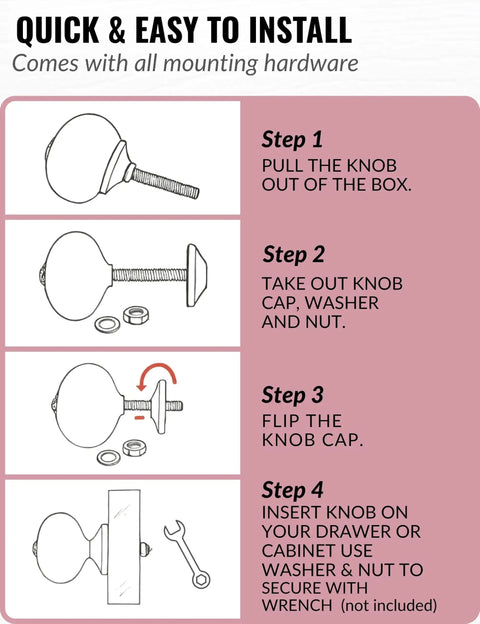 Installation guide for Pink Ceramic Drawer Knobs 12 Piece Set with hand-drawn steps and mounting hardware details.