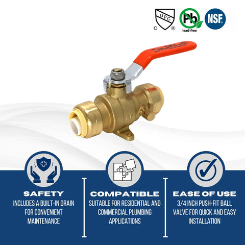 Push Fit 3/4 Inch Ball Valve With Drain And Drop Ear for quick install and easy mounting, shown with red lever handle.