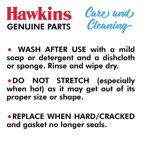 Care instructions for Hawkins genuine parts, detailing washing, stretching, and replacement guidelines for Steam Proof Gasket.