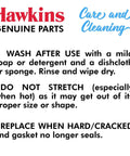 Care instructions for Hawkins genuine parts, including washing and replacing guidelines for A10-09 Gasket Sealing Ring.