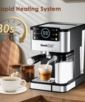 Home Barista Espresso Machine With 20 Bar Pressure And Integrated Milk Frother For Silky Cappuccino on kitchen counter.