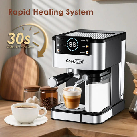 Home Barista Espresso Machine With 20 Bar Pressure And Integrated Milk Frother For Silky Cappuccino on kitchen counter.