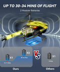 Kid Friendly RC Helicopter With Dual Batteries For Up To 30 Minute Flight, 7 LED Light Modes Plus Demo Mode, Altitude Hold, Easy To Fly Remote Control Toy For Boys And Girls hovering with two modular batteries displayed, highlighting flight duration.