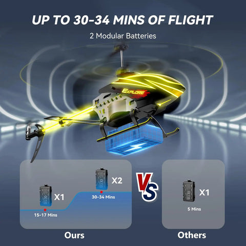 Kid Friendly RC Helicopter With Dual Batteries For Up To 30 Minute Flight, 7 LED Light Modes Plus Demo Mode, Altitude Hold, Easy To Fly Remote Control Toy For Boys And Girls hovering with two modular batteries displayed, highlighting flight duration.