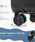 Close-up of Three Piece Hardside Luggage Set With Spinner Wheels For Easy Travel No Sweat, showing durable black double spinner wheels.