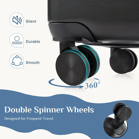 Close-up of Three Piece Hardside Luggage Set With Spinner Wheels For Easy Travel No Sweat, showing durable black double spinner wheels.