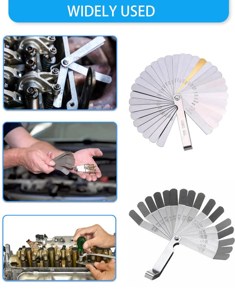 Feeler gauge set, 32 stainless steel blades, dual metric/SAE, shown in use on engine valves.