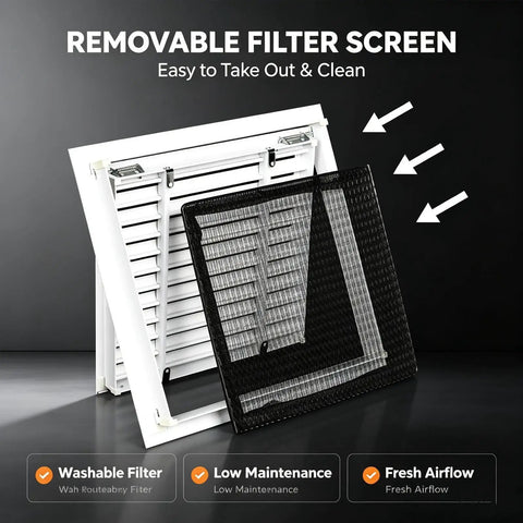 Ceiling Access Panel With Built In Filter Grid Louvered Hinged Vent Cover For Drywall Ceilings shows removable filter screen for easy cleaning.
