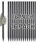Heavy Duty Tough As Nails 16 Inch Rebar Stakes Set Of 16 Three Eighths Inch Diameter Landscape Timber Spikes With Chisel Point For Ground Anchors Camping Tents Garden Plant Support Concrete Black, shown in packaging with gloved hand holding a spike