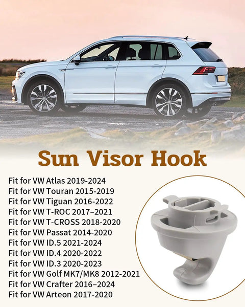Interior Sun Visor Hook Clip Bracket Fits VW Atlas 2019 to 2024 Tiguan 2016 to 2022 shown with compatible vehicle list