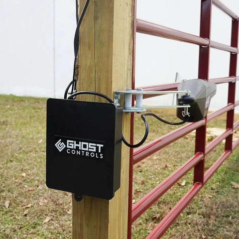 Lockable Weatherproof Battery Box Kit With Two 12V 7.0Ah Batteries, Harness, And Post Mount installed on wooden gate post