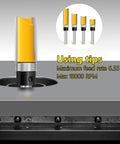 Flush Trim Router Bit Set in yellow on tabletop, showing design and usage tips; includes four pieces with top bearing.