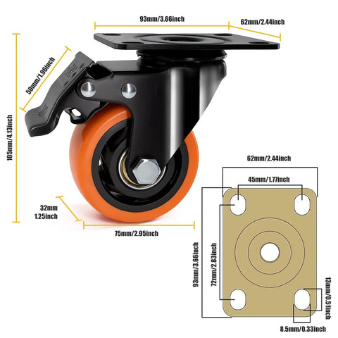 Dimensions of Beefy 3 Inch Heavy Duty Caster Wheels Set Of 4 With 1500 Lb Capacity, Low Noise Swivel Casters For Furniture, Workbenches, And Carts