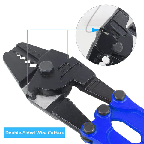 Close-up of the Heavy Duty 24 Inch All In One Hand Crimping And Cutting Tool showing cutting mechanism and steel construction.