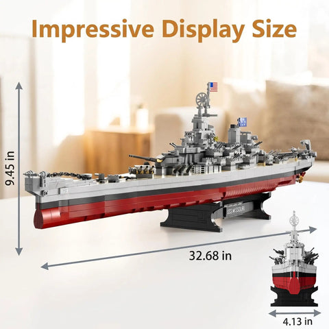 Epic World War II Battleship Building Blocks Kit 2228 Pieces, 1 To 325 Scale Warship Model showing display size in inches.
