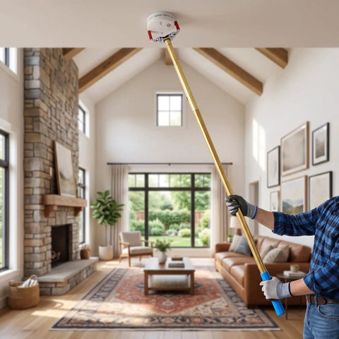 Person using Heavy Duty Smoke Alarm Removal Tool With Extended Telescoping Aluminum Pole For High Vaulted Ceilings to reach a ceiling smoke detector.