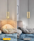 Gold Pendant Light Fixtures, Adjustable Modern Industrial Metal Lighting in bedroom with light on and off over bed.