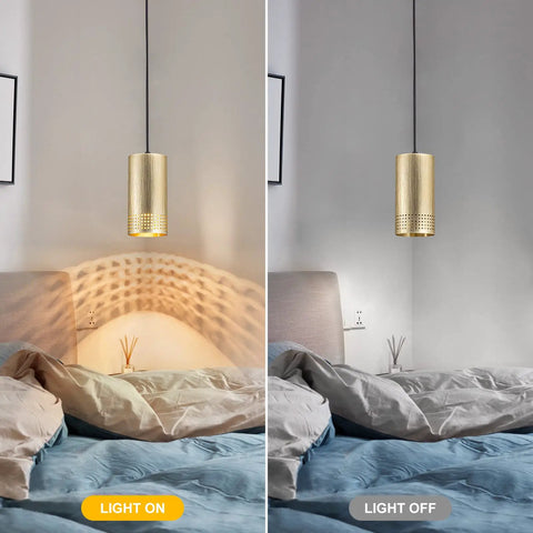 Gold Pendant Light Fixtures, Adjustable Modern Industrial Metal Lighting in bedroom with light on and off over bed.