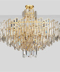 Sleek Crystal Ceiling Pendant Light With Modern Designer Shape And Energy Efficient Led Bulbs For Living Room Or Dining Area, round gold frame.