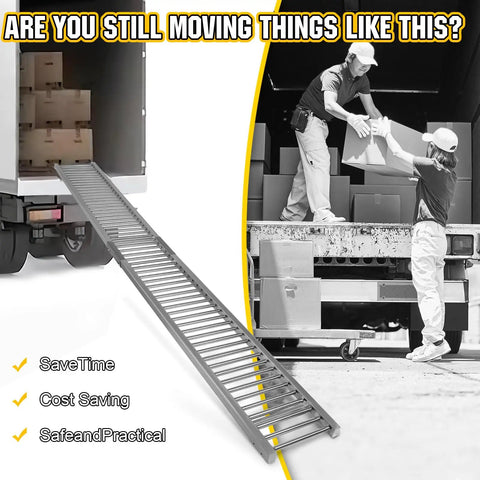 Heavy Duty Unpowered Roller Conveyor With Stainless Steel Frame For Warehouse Loading And Unloading Heavy Boxes Up To 440 Lbs shown in use with box truck.