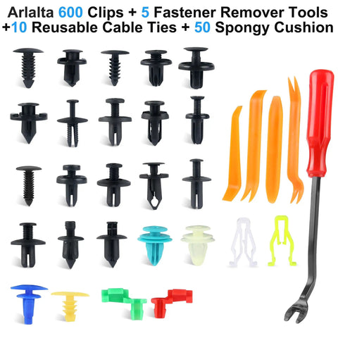 600 Piece Car Push Retainer Clips And Auto Fasteners Set with 25 sizes, ties, and remover tool for various vehicles