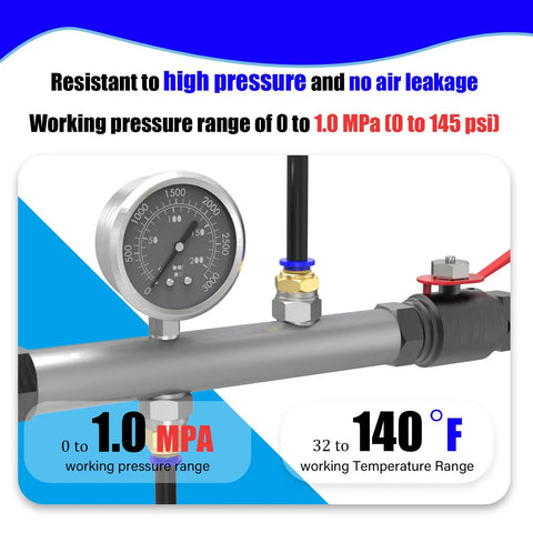 Gauge and fittings showing working pressure of 0 to 1.0 MPa for 20 Pack Push To Connect Pneumatic Fittings 4mm Tube OD To One Quarter Inch.