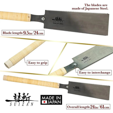 Ryoba Double Edge Saw 9.5 Inch Assembly Version Pro Grade Japanese Pullsaw with interchangeable blade and wooden handle.