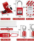 Pro Grade OSHA Lockout Tagout Kit, 19 Piece Electrical Safety Set showing breaker lock, safety padlocks, LOTO tags, nylon tie, and hasps.
