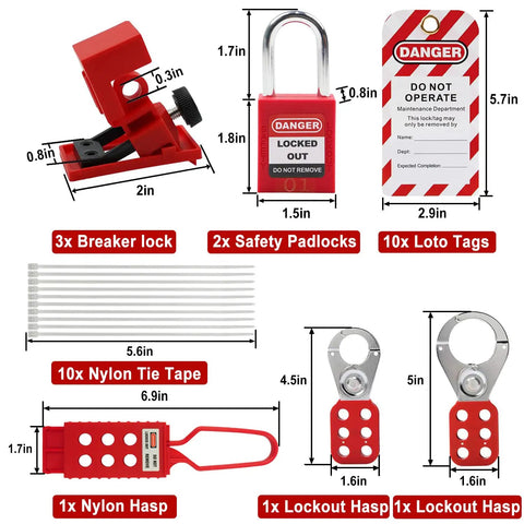 Pro Grade OSHA Lockout Tagout Kit, 19 Piece Electrical Safety Set showing breaker lock, safety padlocks, LOTO tags, nylon tie, and hasps.