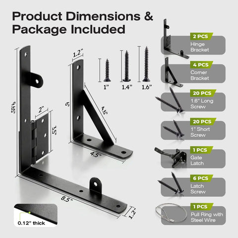 Anti Sag Gate Kit For Wooden Fence, Heavy Duty Gate Hardware With Welded Hinges, Corner Braces, Self Locking Latch, No Sag Fence Gate System For Outdoor Use; black steel kit, 0.12 in thick