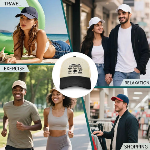 Collage of activities with Funny Things I Do In Spare Time RV Camper Trucker Hat For Men Camping Cap With Humor Adjustable Mesh Back.