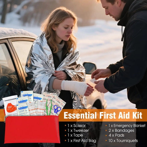 Woman using emergency first aid supplies on snowy roadside with Roadside Emergency Kit For Cars And Trucks With Air Compressor Jumper Cables First Aid Kit Winter Survival Essentials Travel Safety Gear For Men And Women Grab And Go All In One Auto Emergency Prep Pack