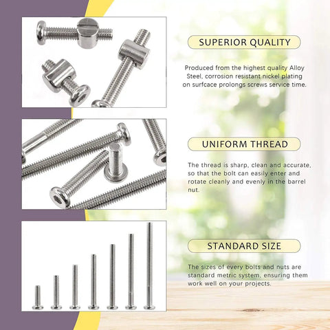 No Fuss Premium Heavy Duty M6 Screws Kit Featuring Barrel Nuts Allen Wrench Hex Socket Head Caps for tools and hardware.