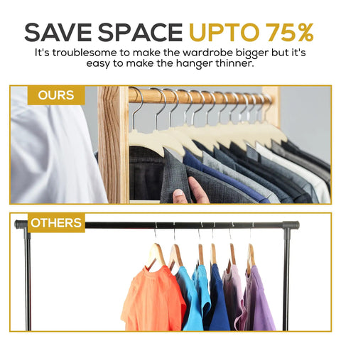 50 Pack Ultra Slim Velvet Closet Hangers Top Shelf Non Slip Felt Coat Jacket Dress Organizers Space Saving Closet Game Heavy Duty Swivel Hook Smooth Glide Ivory compared with standard hangers in closet organization.