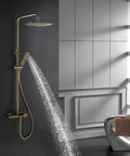 Slick Wall Mounted Thermostatic Shower System Featuring A Smooth Waterfall Tub Spout And Heavy Duty Rain Shower Head with spray.