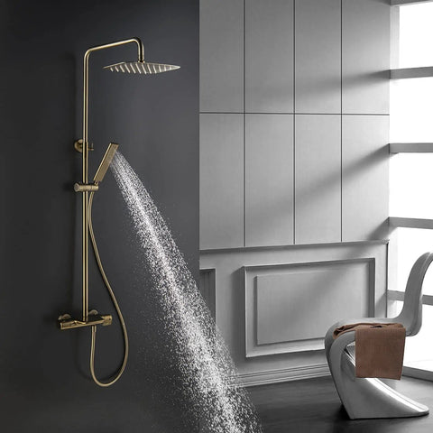 Slick Wall Mounted Thermostatic Shower System Featuring A Smooth Waterfall Tub Spout And Heavy Duty Rain Shower Head with spray.