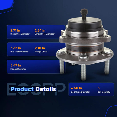 Wheel Bearing Hub Assembly 512326 Direct Fit OE Quality With ABS Sensor For Hyundai Santa Fe Veracruz Santa Fe Sport Santa Fe XL And Kia Sorento 2011 To 2015 5 Lug Rear Axle with dimension details