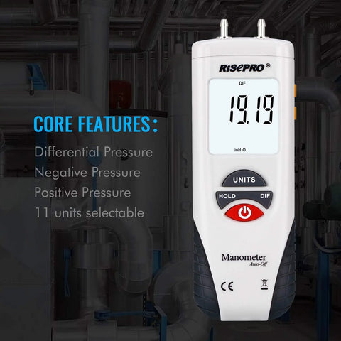 Risepro digital manometer handheld air pressure meter, white with black grip, DIF reading 19.19 inH2O.