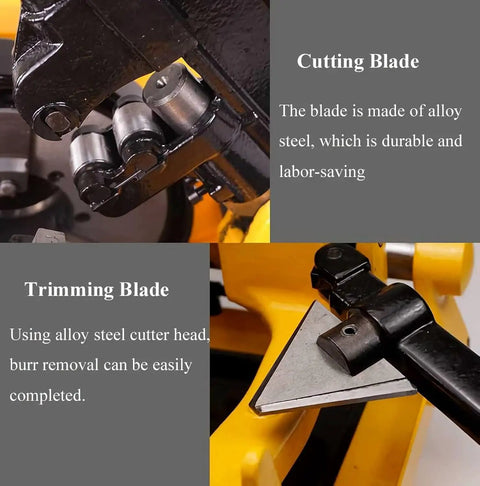 Close-up of heavy duty electric pipe threading machine cutting and trimming blades made of alloy steel for precise use.