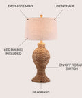 Natural Woven Water Hyacinth Table Lamp 31 Inch for Living Room Coastal Farmhouse Urn Base with Gray Linen Drum Shade LED Bulb Included Great for Bedroom Nightstand Vibe