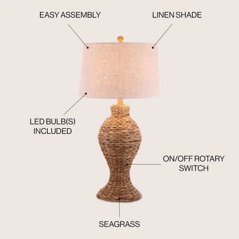 Natural Woven Water Hyacinth Table Lamp 31 Inch for Living Room Coastal Farmhouse Urn Base with Gray Linen Drum Shade LED Bulb Included Great for Bedroom Nightstand Vibe