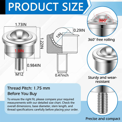 Product size diagram of Heavy Duty 1 Inch Steel Ball Transfer Roller Casters 4 Pack With Threaded Stem, dimensions shown.