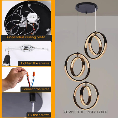 Modern LED Chandelier With 6 Ring Ball Design Black Pendant Lamp 18W Dimmable Ceiling Light Fixture installation guide