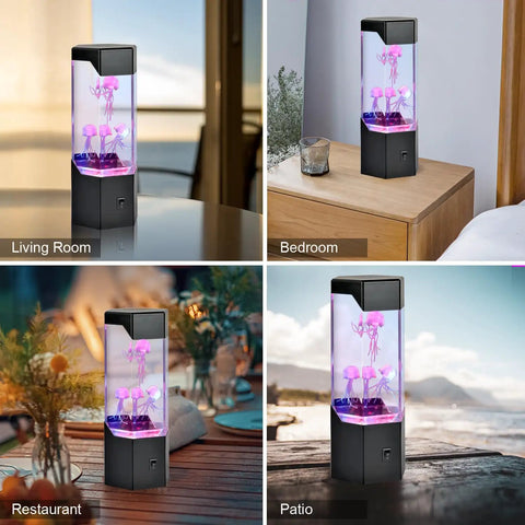 Jellyfish Lamp With Colorful RGB Lighting for home and bedroom decor showing three floating jellyfish in living room, bedroom, and patio.