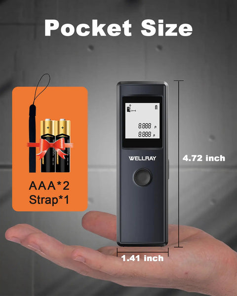 Pro Grade Laser Distance Tool 165 Feet With One Sixteenth Inch Accuracy IP54 Dust And Water Resistant Handy For DIY Projects In Feet And Inches Long Battery Life With 2 AAA Batteries Included Gray pocket size with 2 AAA batteries and strap
