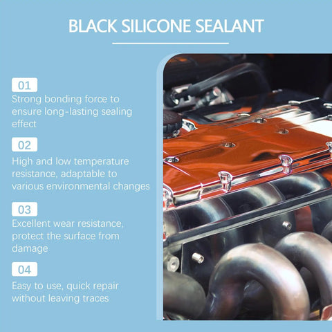 Black Silicone Sealant on an engine, highlighting strong bonding and high temperature resistance for repairs.