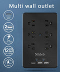 Heavy Duty Surge Protector Power Strip With 12 Outlets And Wall Mount USB A And USB C Ports Delivering 3.1A Total in black case