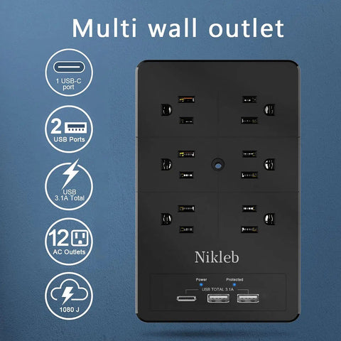 Heavy Duty Surge Protector Power Strip With 12 Outlets And Wall Mount USB A And USB C Ports Delivering 3.1A Total in black case